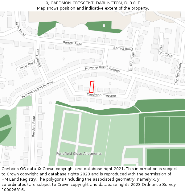 9, CAEDMON CRESCENT, DARLINGTON, DL3 8LF: Location map and indicative extent of plot