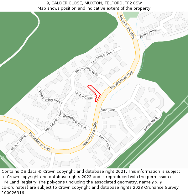 9, CALDER CLOSE, MUXTON, TELFORD, TF2 8SW: Location map and indicative extent of plot
