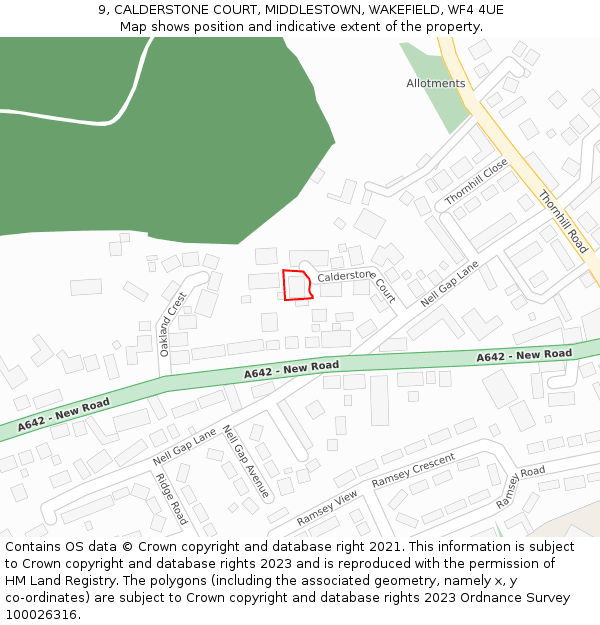 9, CALDERSTONE COURT, MIDDLESTOWN, WAKEFIELD, WF4 4UE: Location map and indicative extent of plot