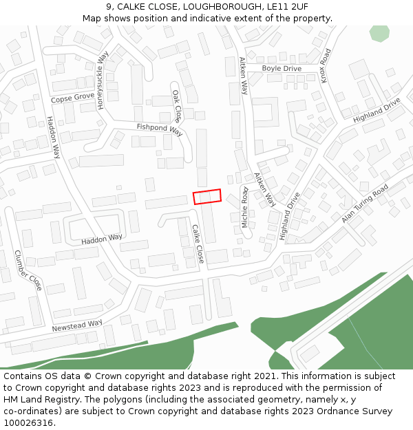 9, CALKE CLOSE, LOUGHBOROUGH, LE11 2UF: Location map and indicative extent of plot