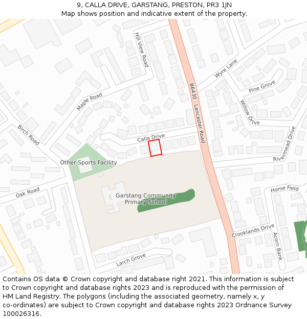 9, CALLA DRIVE, GARSTANG, PRESTON, PR3 1JN: Location map and indicative extent of plot