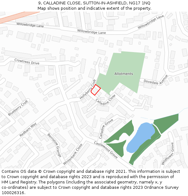 9, CALLADINE CLOSE, SUTTON-IN-ASHFIELD, NG17 1NQ: Location map and indicative extent of plot