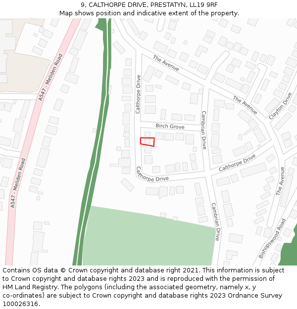 9, CALTHORPE DRIVE, PRESTATYN, LL19 9RF: Location map and indicative extent of plot