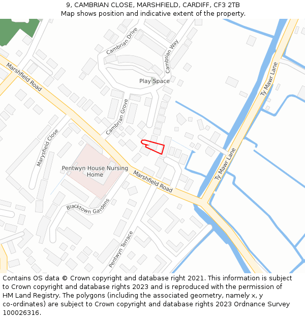 9, CAMBRIAN CLOSE, MARSHFIELD, CARDIFF, CF3 2TB: Location map and indicative extent of plot