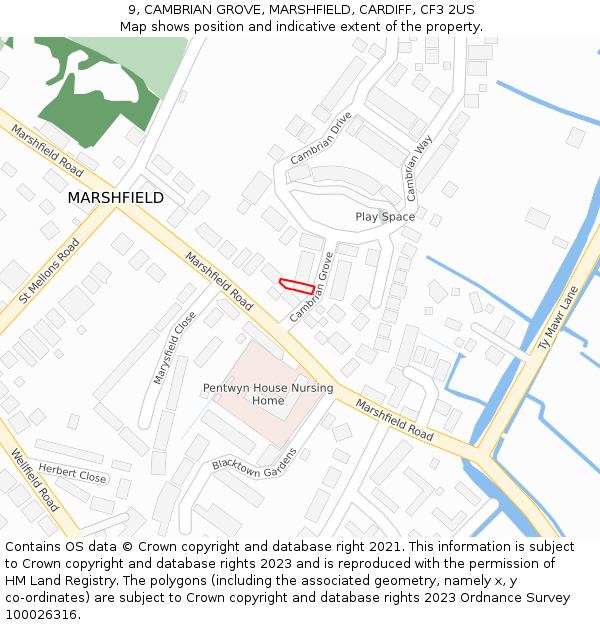 9, CAMBRIAN GROVE, MARSHFIELD, CARDIFF, CF3 2US: Location map and indicative extent of plot