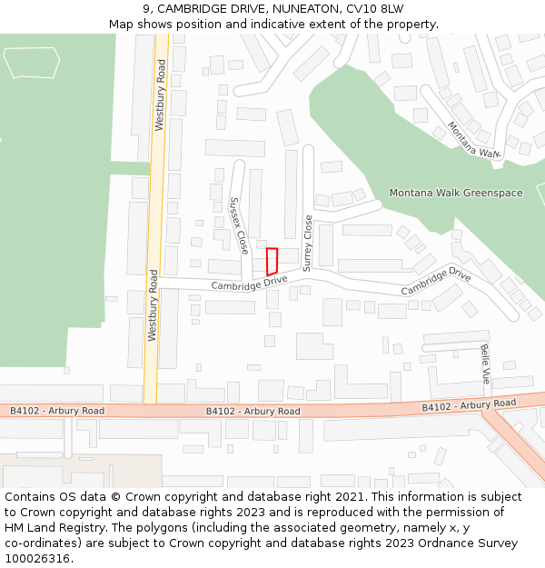 9, CAMBRIDGE DRIVE, NUNEATON, CV10 8LW: Location map and indicative extent of plot