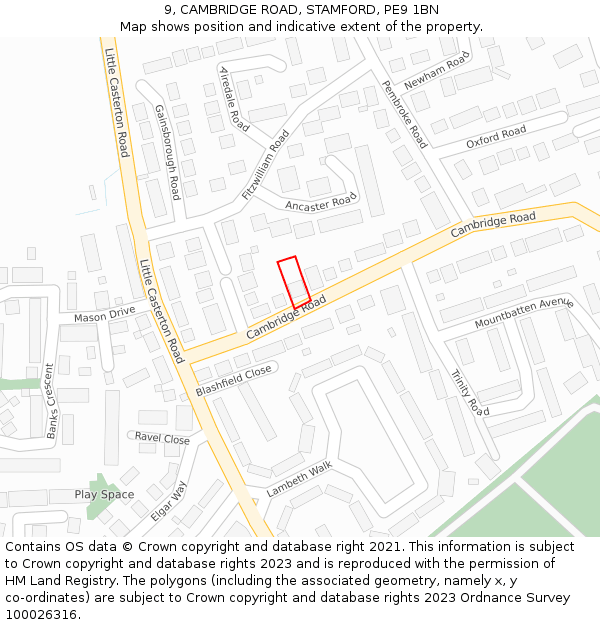 9, CAMBRIDGE ROAD, STAMFORD, PE9 1BN: Location map and indicative extent of plot