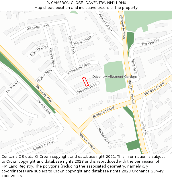 9, CAMERON CLOSE, DAVENTRY, NN11 9HX: Location map and indicative extent of plot