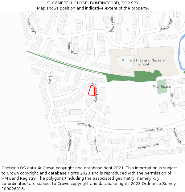 9, CAMPBELL CLOSE, BUNTINGFORD, SG9 9BY: Location map and indicative extent of plot