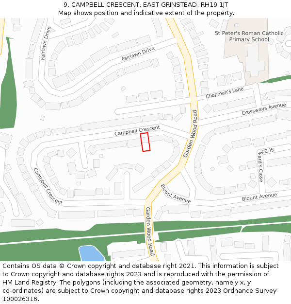 9, CAMPBELL CRESCENT, EAST GRINSTEAD, RH19 1JT: Location map and indicative extent of plot