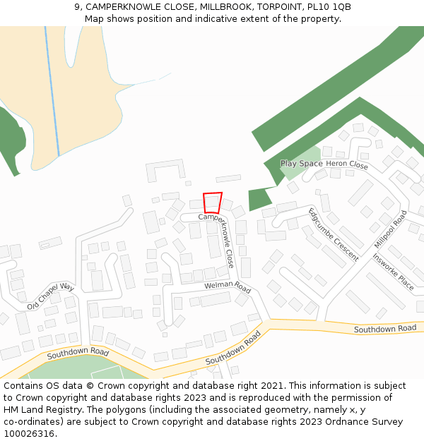 9, CAMPERKNOWLE CLOSE, MILLBROOK, TORPOINT, PL10 1QB: Location map and indicative extent of plot