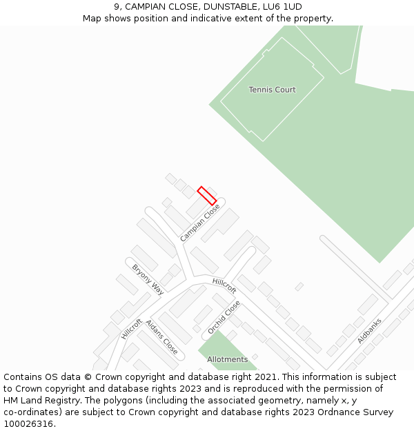 9, CAMPIAN CLOSE, DUNSTABLE, LU6 1UD: Location map and indicative extent of plot