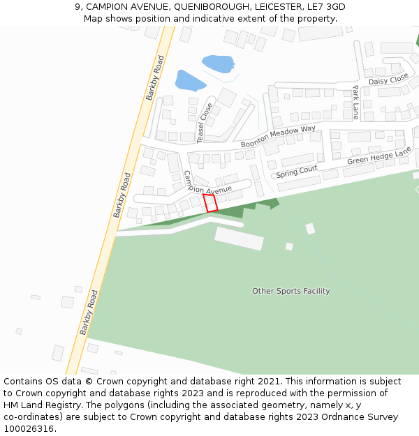 9, CAMPION AVENUE, QUENIBOROUGH, LEICESTER, LE7 3GD: Location map and indicative extent of plot