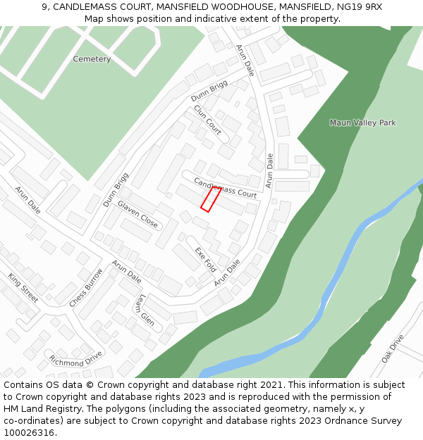 9, CANDLEMASS COURT, MANSFIELD WOODHOUSE, MANSFIELD, NG19 9RX: Location map and indicative extent of plot