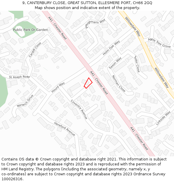 9, CANTERBURY CLOSE, GREAT SUTTON, ELLESMERE PORT, CH66 2GQ: Location map and indicative extent of plot