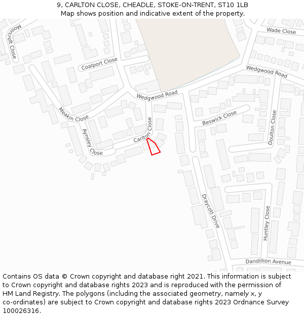 9, CARLTON CLOSE, CHEADLE, STOKE-ON-TRENT, ST10 1LB: Location map and indicative extent of plot