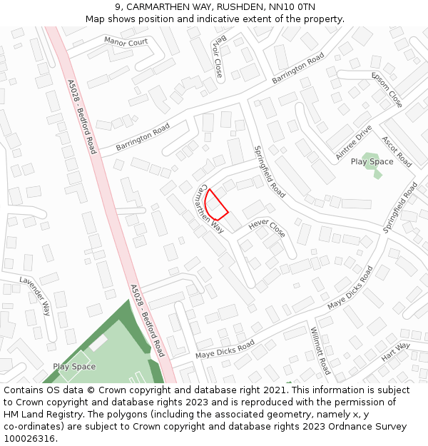 9, CARMARTHEN WAY, RUSHDEN, NN10 0TN: Location map and indicative extent of plot