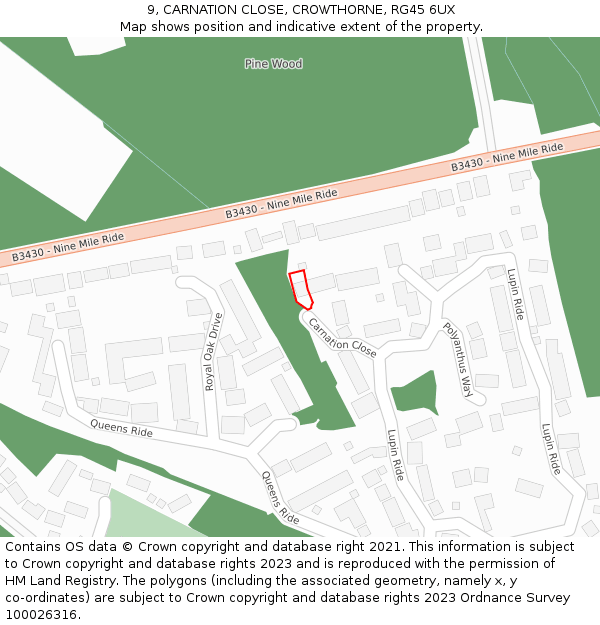 9, CARNATION CLOSE, CROWTHORNE, RG45 6UX: Location map and indicative extent of plot