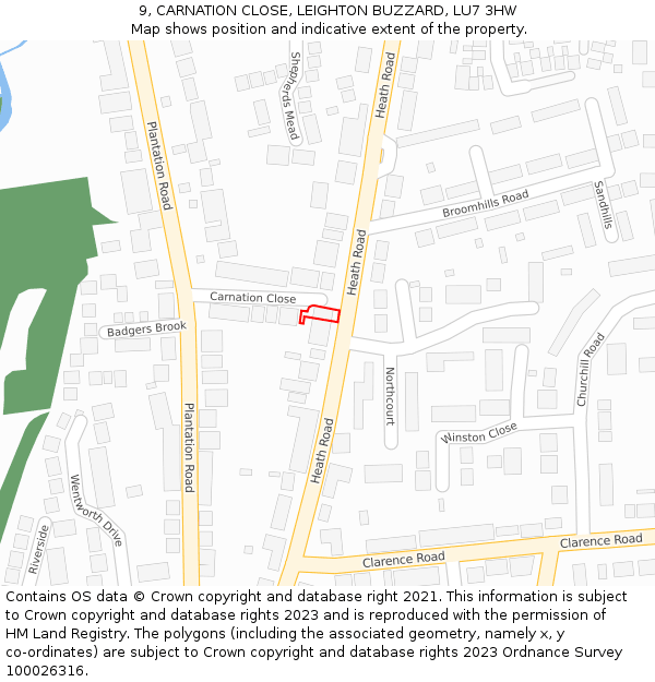 9, CARNATION CLOSE, LEIGHTON BUZZARD, LU7 3HW: Location map and indicative extent of plot