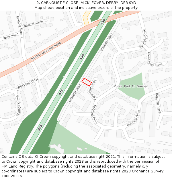 9, CARNOUSTIE CLOSE, MICKLEOVER, DERBY, DE3 9YD: Location map and indicative extent of plot