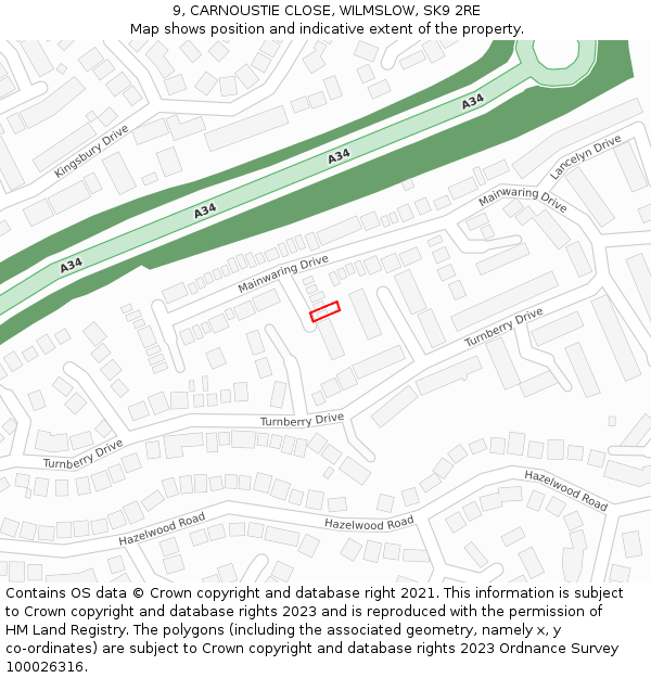 9, CARNOUSTIE CLOSE, WILMSLOW, SK9 2RE: Location map and indicative extent of plot