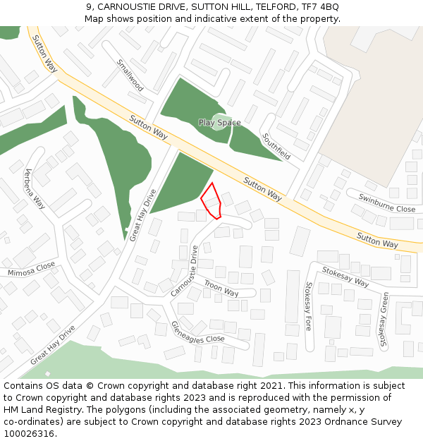 9, CARNOUSTIE DRIVE, SUTTON HILL, TELFORD, TF7 4BQ: Location map and indicative extent of plot