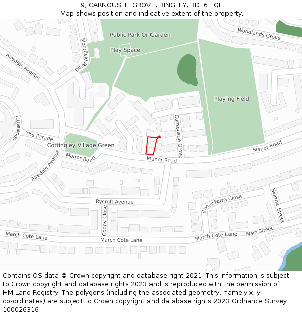 9, CARNOUSTIE GROVE, BINGLEY, BD16 1QF: Location map and indicative extent of plot