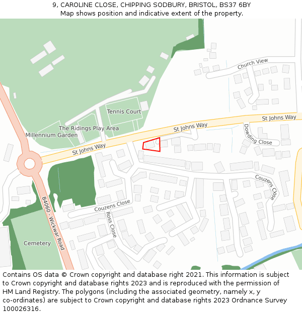 9, CAROLINE CLOSE, CHIPPING SODBURY, BRISTOL, BS37 6BY: Location map and indicative extent of plot