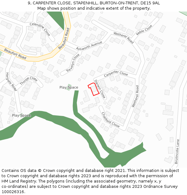 9, CARPENTER CLOSE, STAPENHILL, BURTON-ON-TRENT, DE15 9AL: Location map and indicative extent of plot