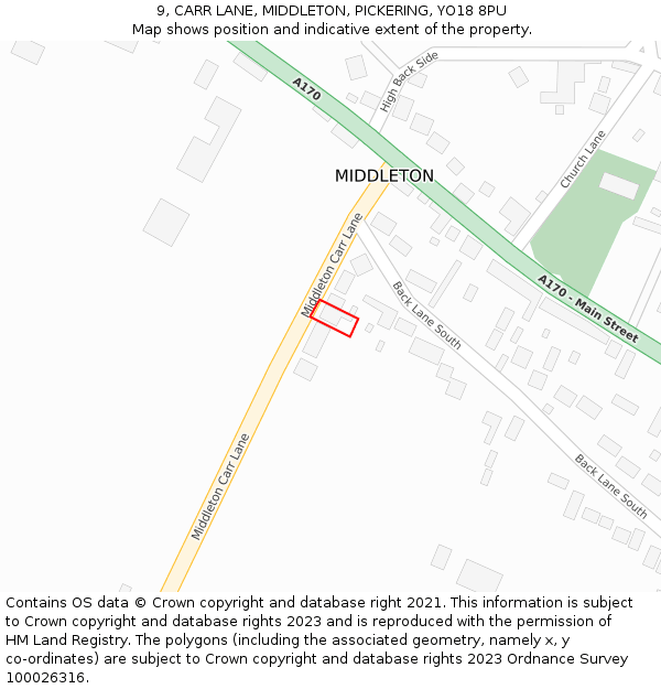 9, CARR LANE, MIDDLETON, PICKERING, YO18 8PU: Location map and indicative extent of plot