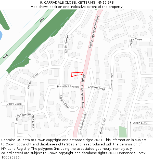 9, CARRADALE CLOSE, KETTERING, NN16 9FB: Location map and indicative extent of plot