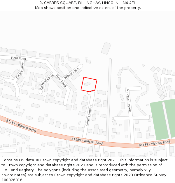 9, CARRES SQUARE, BILLINGHAY, LINCOLN, LN4 4EL: Location map and indicative extent of plot