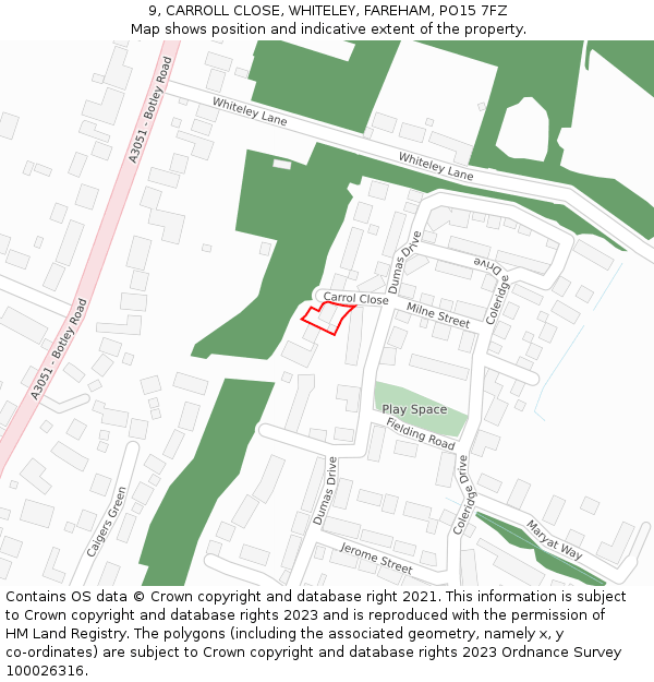 9, CARROLL CLOSE, WHITELEY, FAREHAM, PO15 7FZ: Location map and indicative extent of plot
