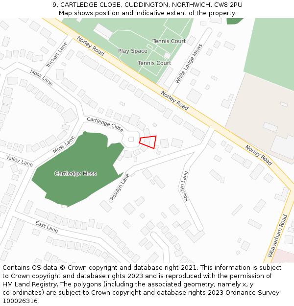 9, CARTLEDGE CLOSE, CUDDINGTON, NORTHWICH, CW8 2PU: Location map and indicative extent of plot