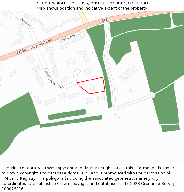 9, CARTWRIGHT GARDENS, AYNHO, BANBURY, OX17 3BB: Location map and indicative extent of plot