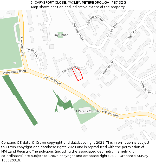 9, CARYSFORT CLOSE, YAXLEY, PETERBOROUGH, PE7 3ZG: Location map and indicative extent of plot