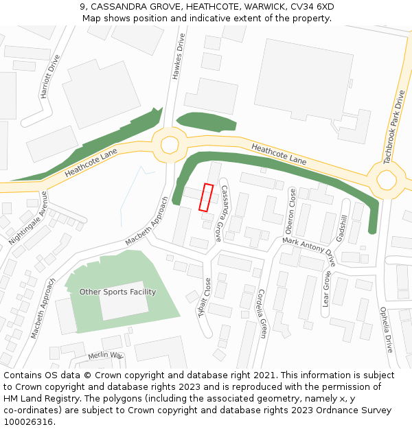 9, CASSANDRA GROVE, HEATHCOTE, WARWICK, CV34 6XD: Location map and indicative extent of plot
