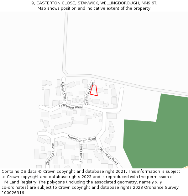 9, CASTERTON CLOSE, STANWICK, WELLINGBOROUGH, NN9 6TJ: Location map and indicative extent of plot