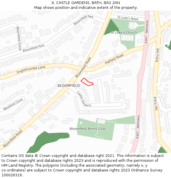 9, CASTLE GARDENS, BATH, BA2 2AN: Location map and indicative extent of plot