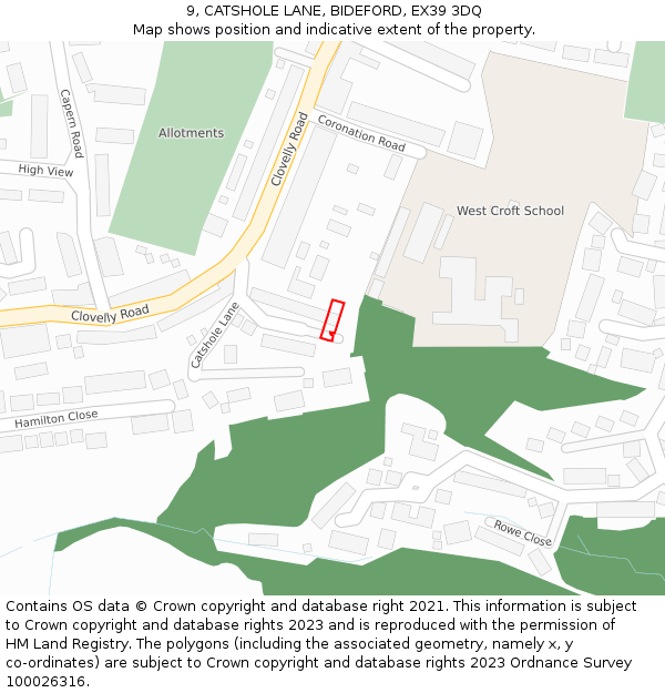 9, CATSHOLE LANE, BIDEFORD, EX39 3DQ: Location map and indicative extent of plot