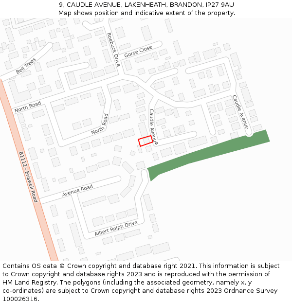 9, CAUDLE AVENUE, LAKENHEATH, BRANDON, IP27 9AU: Location map and indicative extent of plot