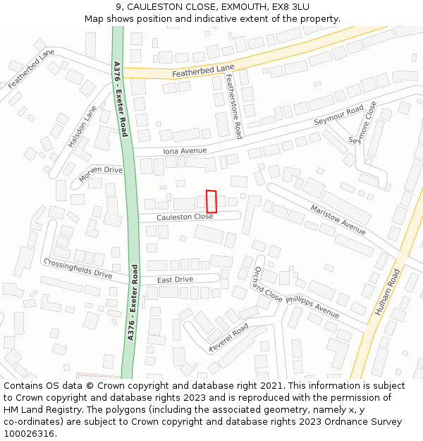 9, CAULESTON CLOSE, EXMOUTH, EX8 3LU: Location map and indicative extent of plot