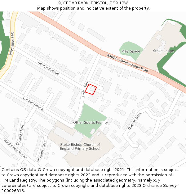 9, CEDAR PARK, BRISTOL, BS9 1BW: Location map and indicative extent of plot