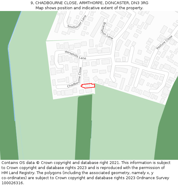 9, CHADBOURNE CLOSE, ARMTHORPE, DONCASTER, DN3 3RG: Location map and indicative extent of plot