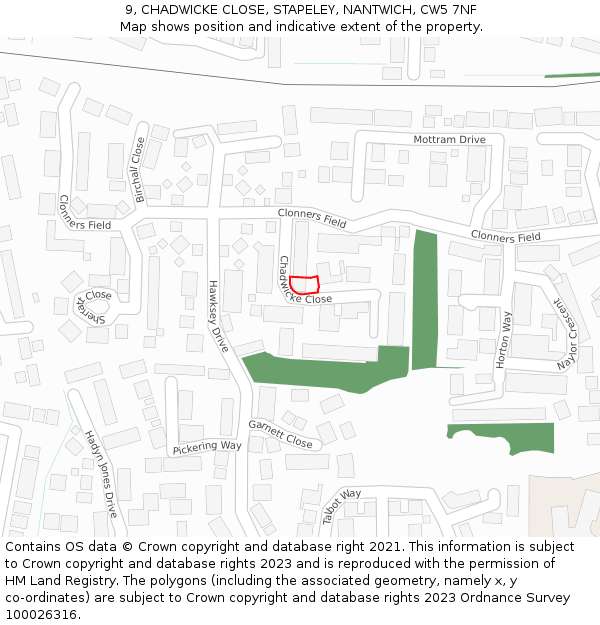 9, CHADWICKE CLOSE, STAPELEY, NANTWICH, CW5 7NF: Location map and indicative extent of plot