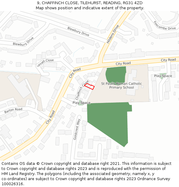 9, CHAFFINCH CLOSE, TILEHURST, READING, RG31 4ZD: Location map and indicative extent of plot