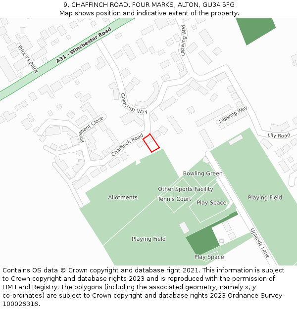 9, CHAFFINCH ROAD, FOUR MARKS, ALTON, GU34 5FG: Location map and indicative extent of plot