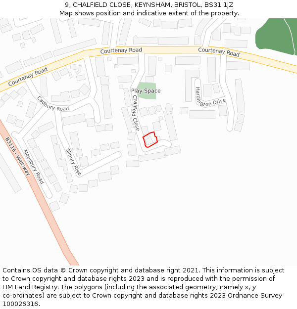 9, CHALFIELD CLOSE, KEYNSHAM, BRISTOL, BS31 1JZ: Location map and indicative extent of plot