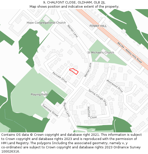 9, CHALFONT CLOSE, OLDHAM, OL8 2JL: Location map and indicative extent of plot