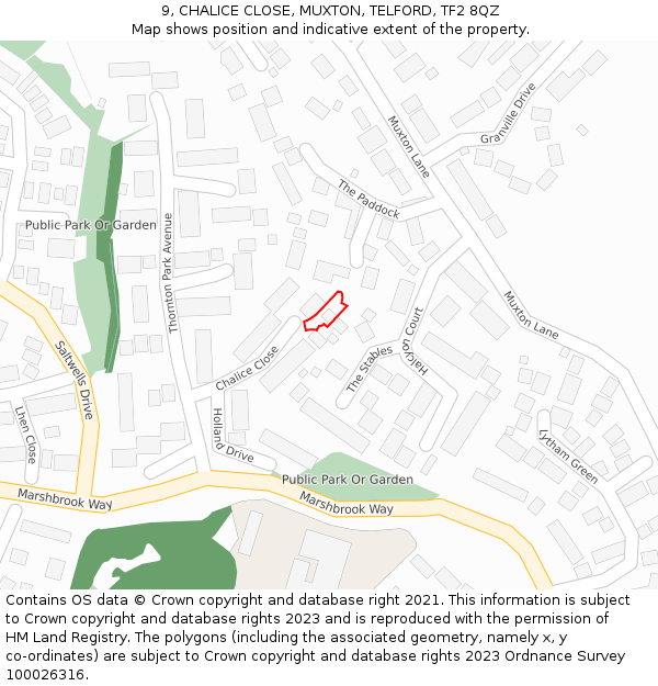 9, CHALICE CLOSE, MUXTON, TELFORD, TF2 8QZ: Location map and indicative extent of plot